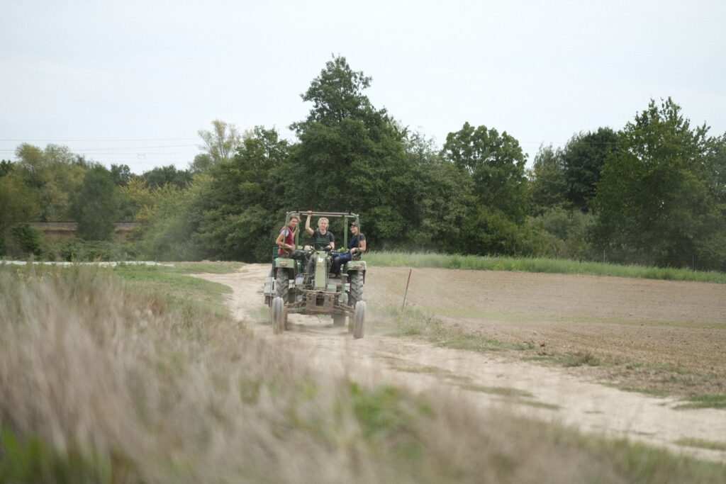 Schlepper auf dem Feldweg zwischen den Flächen der Gärtnerei