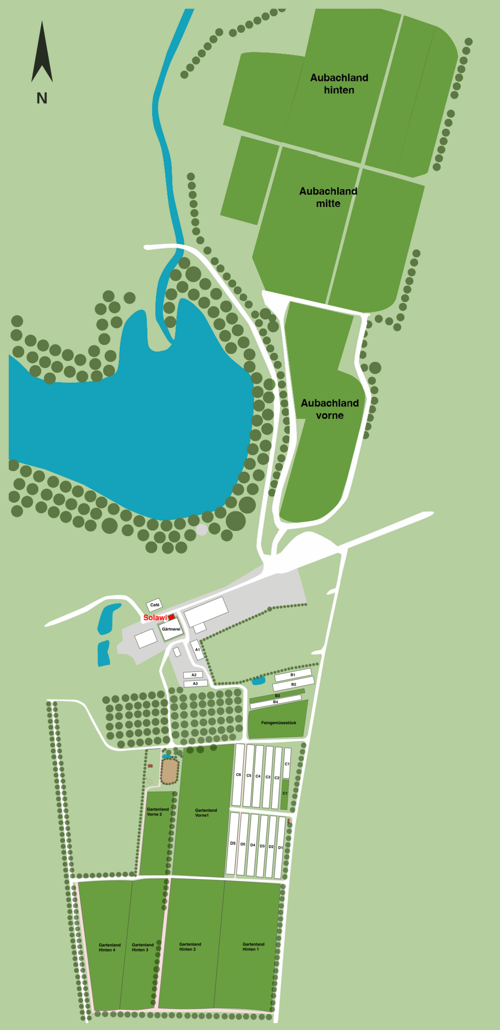 Gesamtkarte des Betriebs mit Aubachland, Hof, Tunneln, Feingemüsestück und Gartenland